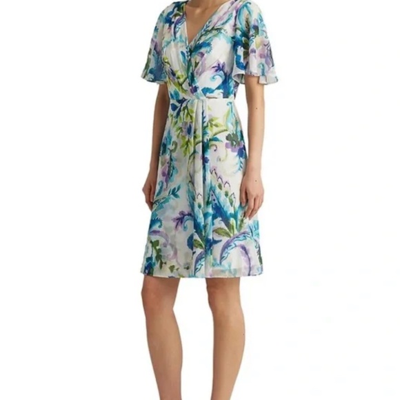Lauren Ralph Lauren Multicolored Floral V Neck Flutter Sleeve Dress NWT Size 6 - Picture 2 of 8
